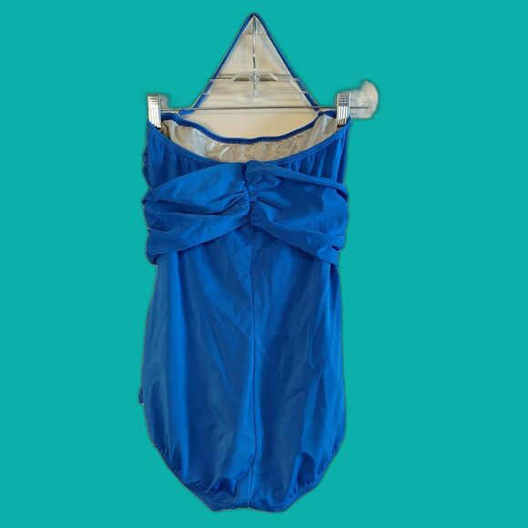 Yves Saint Laurent Blue One Piece Swimsuit Ruched Cross Front Halter 14 Luxury - Picture 2 of 5